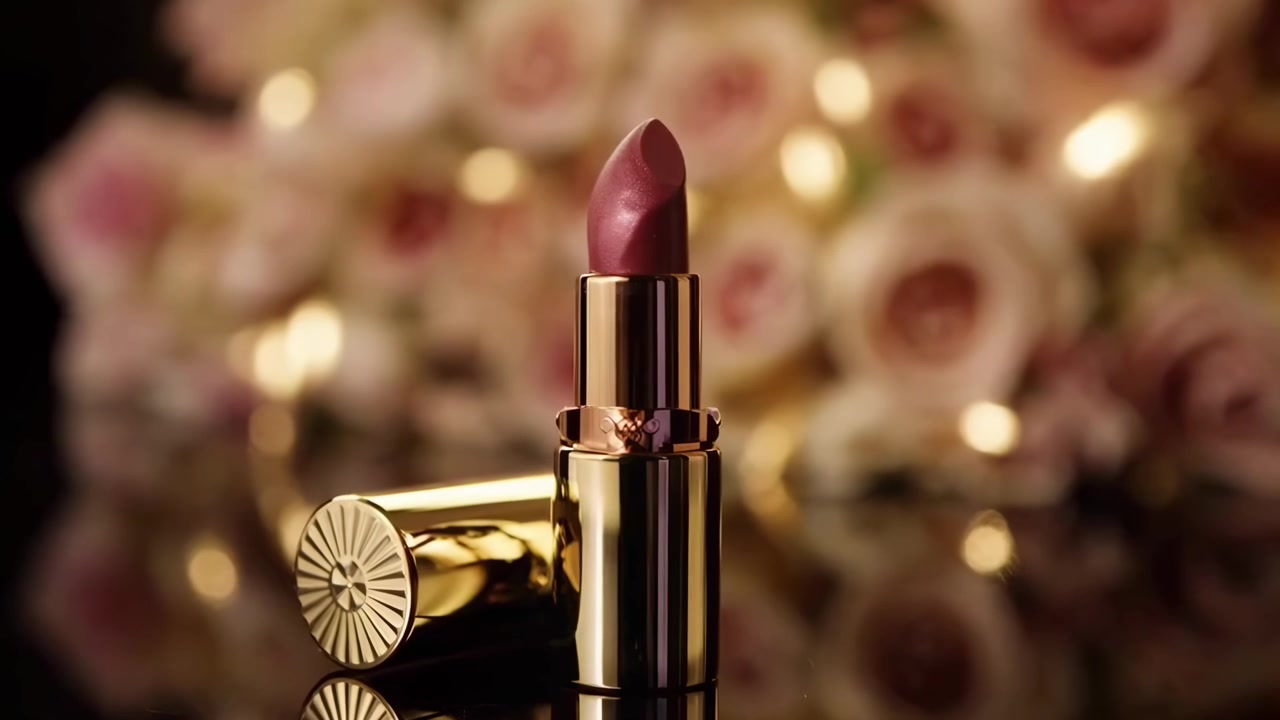 Rossetto di lusso in confezione dorata con sfondo floreale