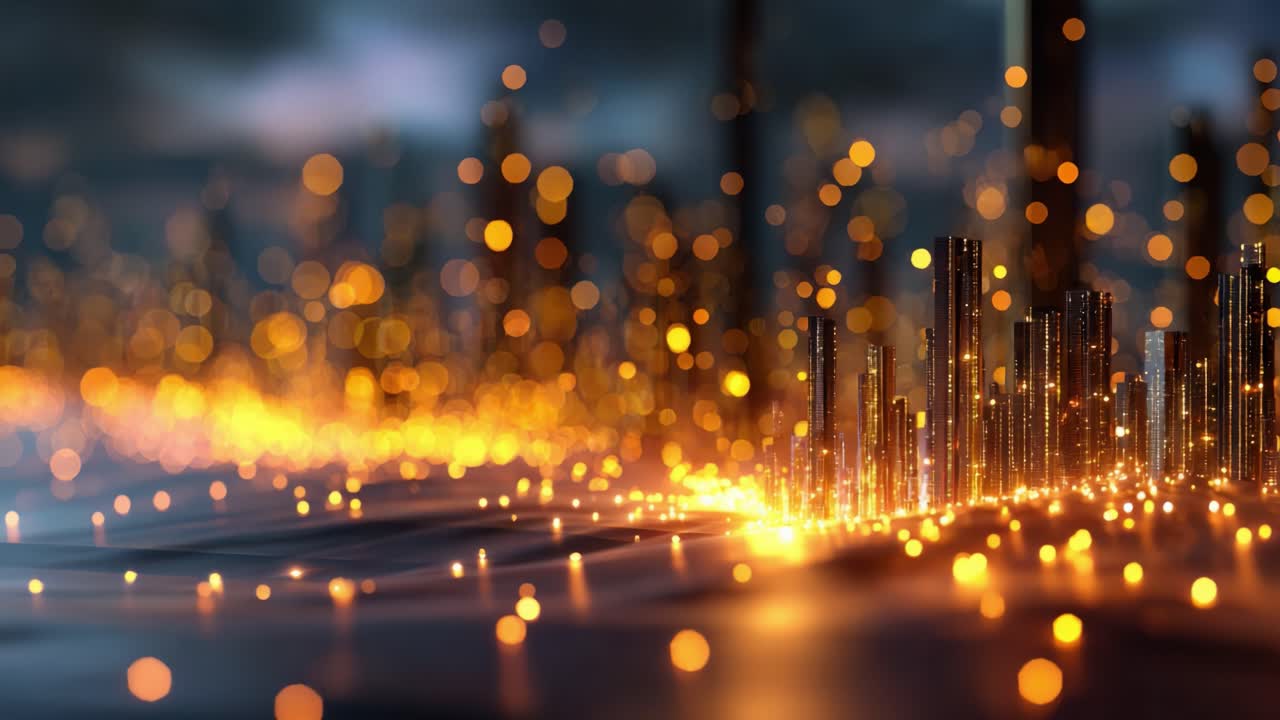 Un'immagine mozzafiato di un paesaggio urbano luminoso al crepuscolo, con luci scintillanti e un'atmosfera vivace che cattura l'essenza dell'eleganza futuristica e dell'innovazione