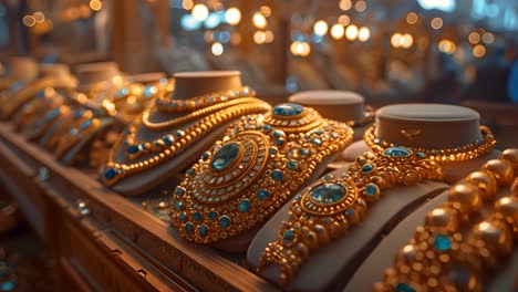 ornate gold jewelry with blue gemstones on display