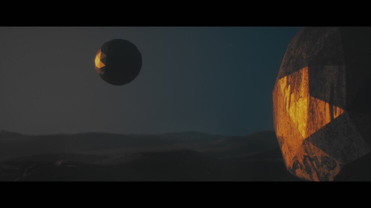 Alien planet desert landscape during sunset with strange sphere-shaped buildings