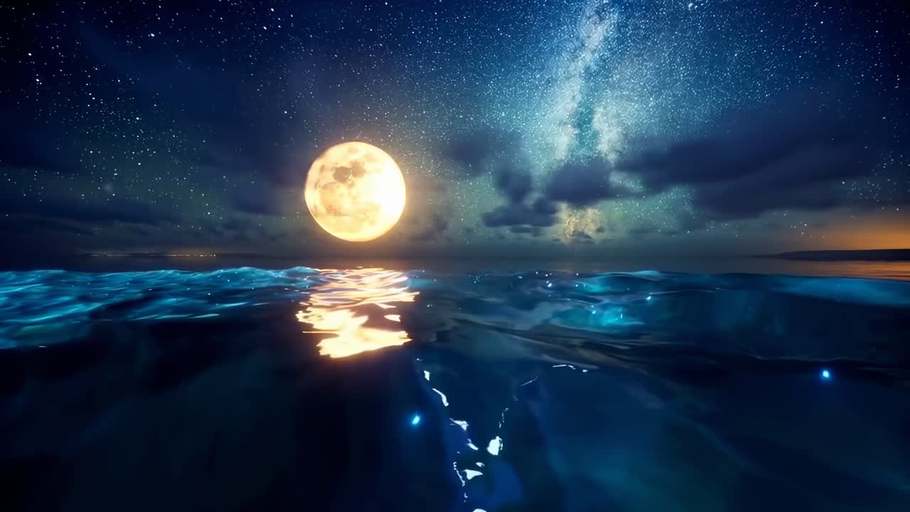 Adegan video yang memukau dari bulan purnama di atas samudra bercahaya, diambil dari sudut rendah.