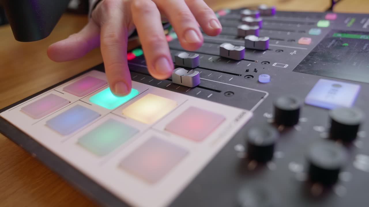 Audio mixer with sliders, illuminated pads, and tactile knobs, operated by hands. Ideal for DJs, podcasts, music production, sound design, and live performances. sound engineer or podcaster.