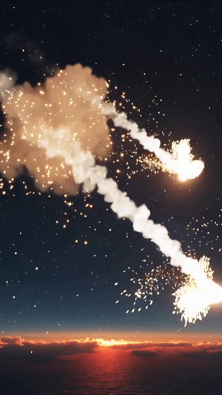 Video verticale: Palle di fuoco che appaiono e si rompono in scintille, con doppie scie di fumo su un orizzonte stellato.