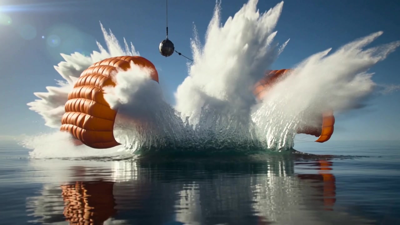 Capsula metallica che scende e tocca il mare, creando alte colonne d'acqua, paracadute arancioni che si deformano, cime tese.