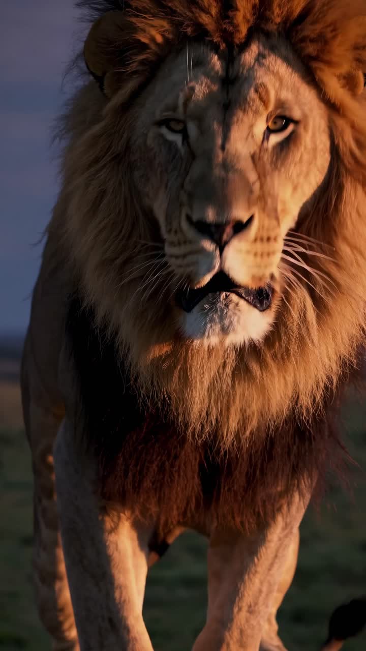 Majestátní lev na skále při západu slunce, zachycený z nízkého úhlu.