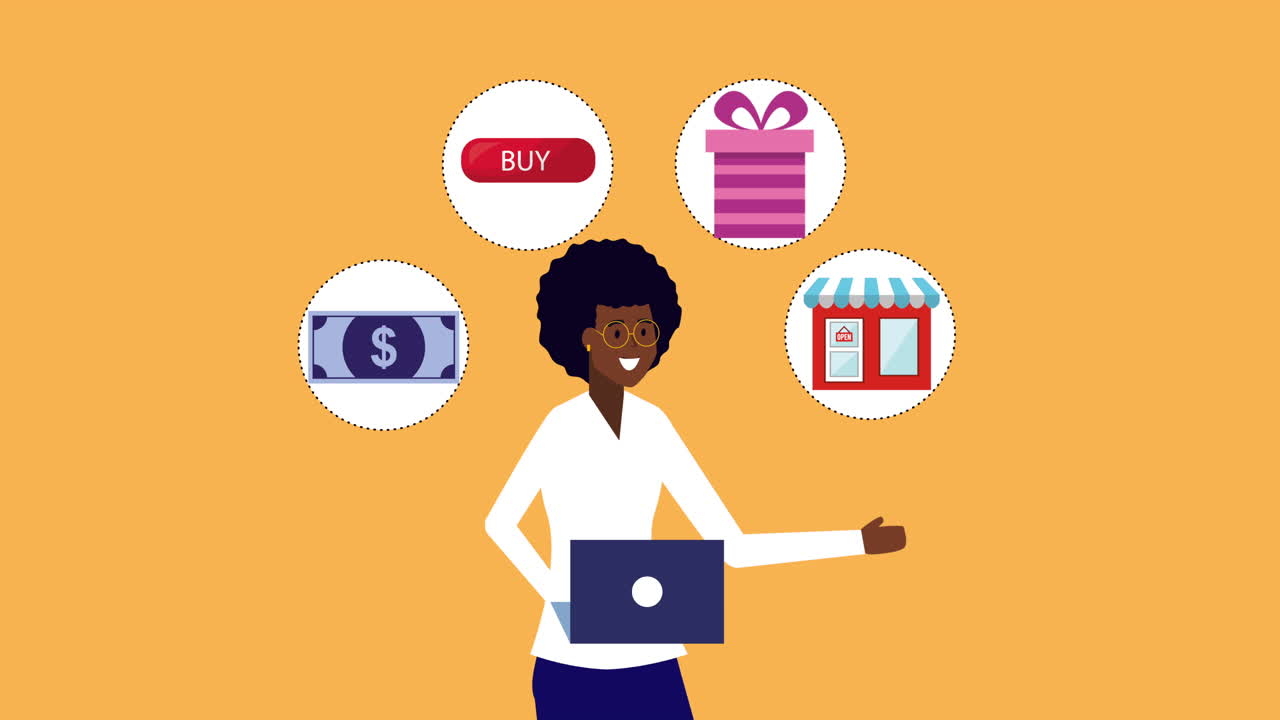 mujer de negocios afro usando portátil con iconos de comercio electrónico animación
