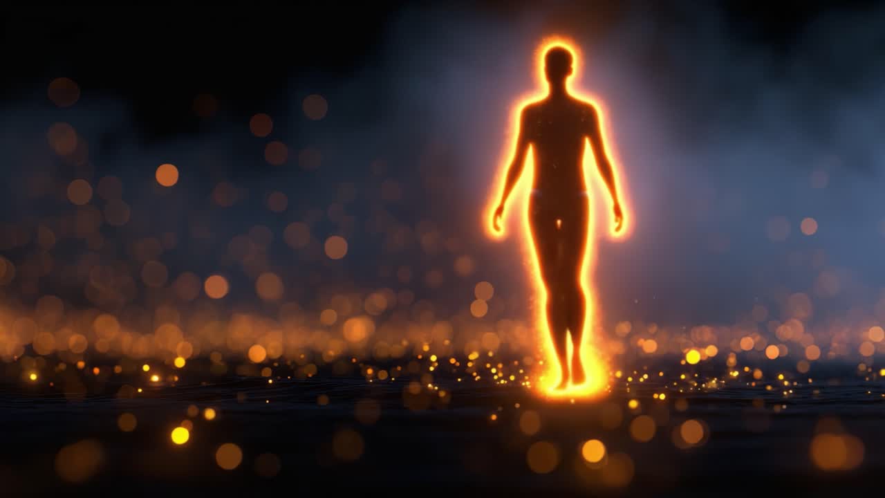 Un viaje fascinante de luz y transformación en el que una figura emerge de un reino mágico, rodeada de orbes de iluminación y niebla etérea.