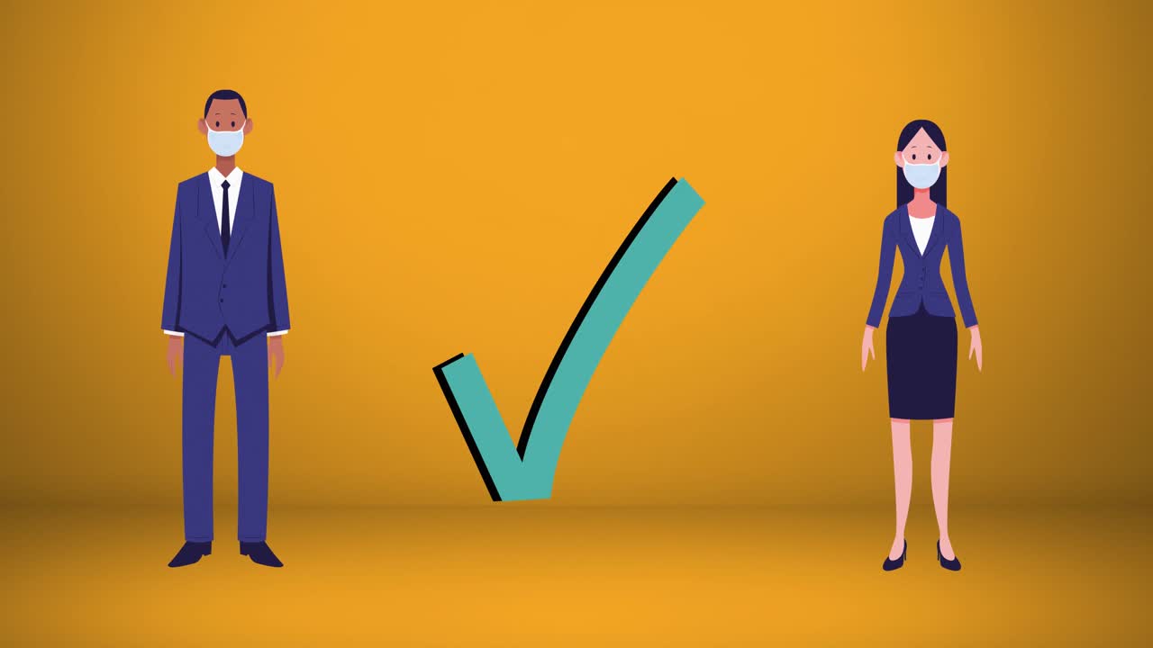 animación de hombres y mujeres de negocios que usan máscaras faciales manteniendo la distancia social