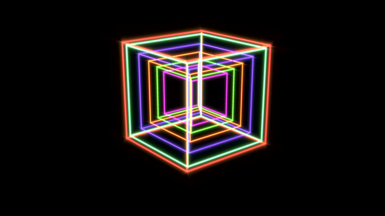 Cubos neon abstratos azuis, vermelhos e verdes em fundo preto. Forma quadrada abstrata neon azul. Showroom. Brilho azul. Capaz de fazer loop contínuo em 4k.