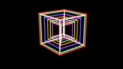 abstract blue red green neon cubes on black background. blue abstract neon square shape. show room. blue glow. able to loop seamless 4k