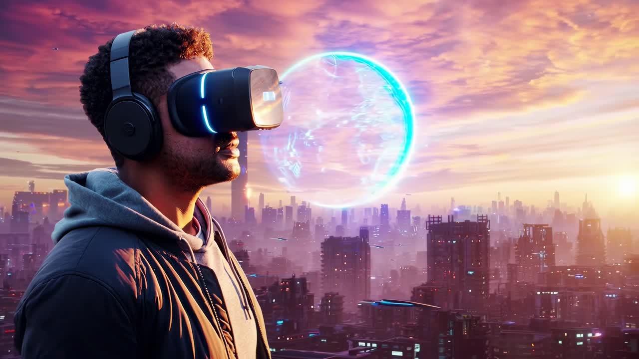 Side view of a man in VR headset, futuristic cityscape. Video game concept, sunset glow. Live