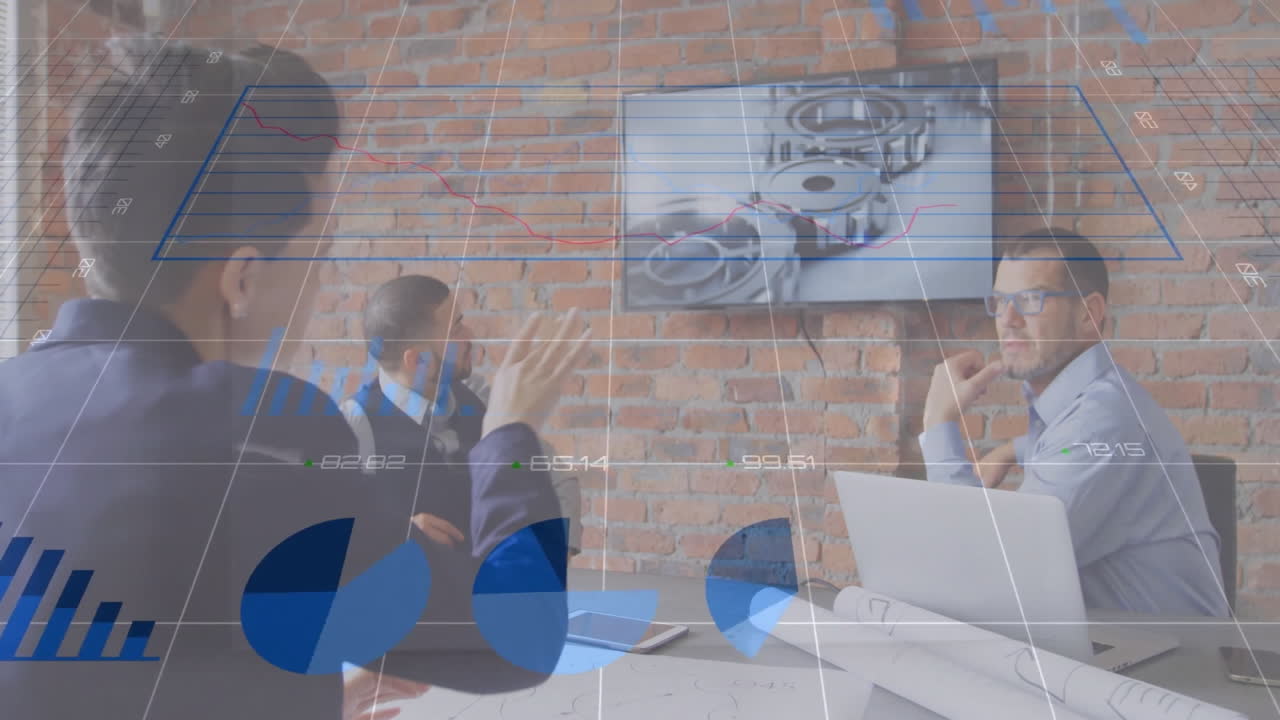 Business meeting with financial charts and graphs animation over brick wall