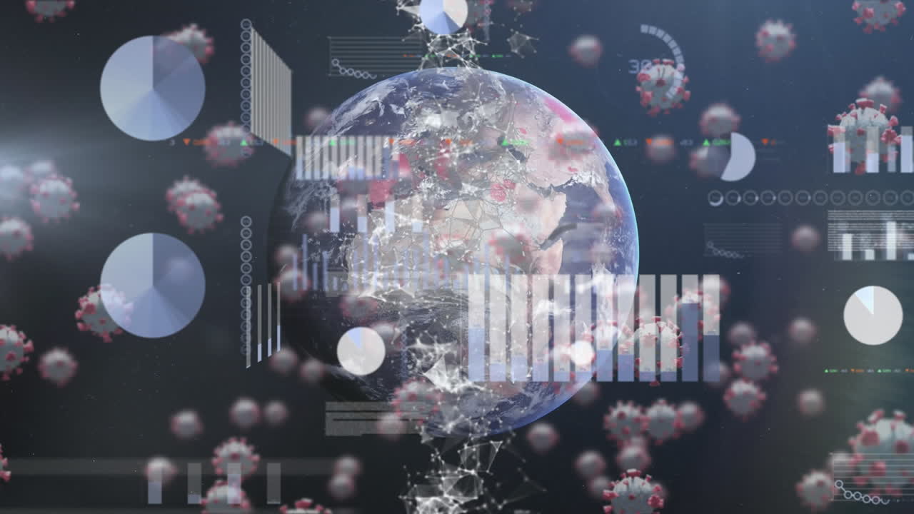 블랙 백그라운드에서 지구와 바이러스 세포에 대한 데이터 처리의 애니메이션