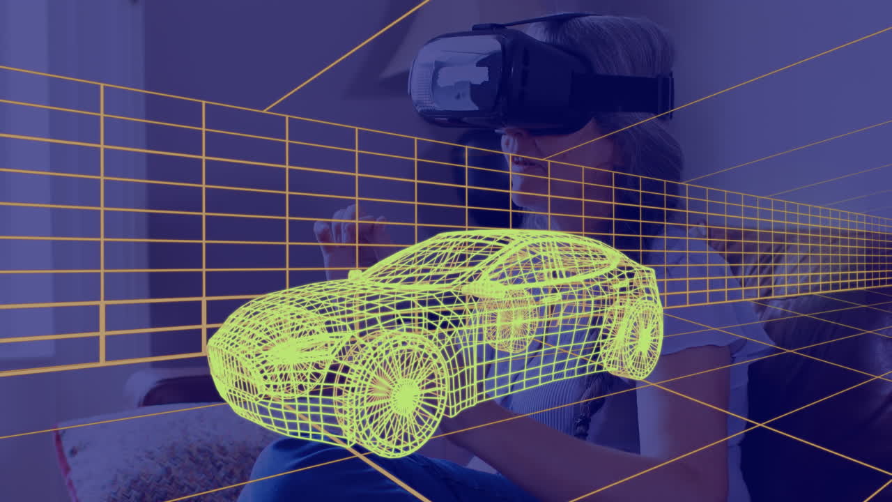 animación de dibujo técnico 3d de un coche, sobre una mujer en casa con auriculares vr