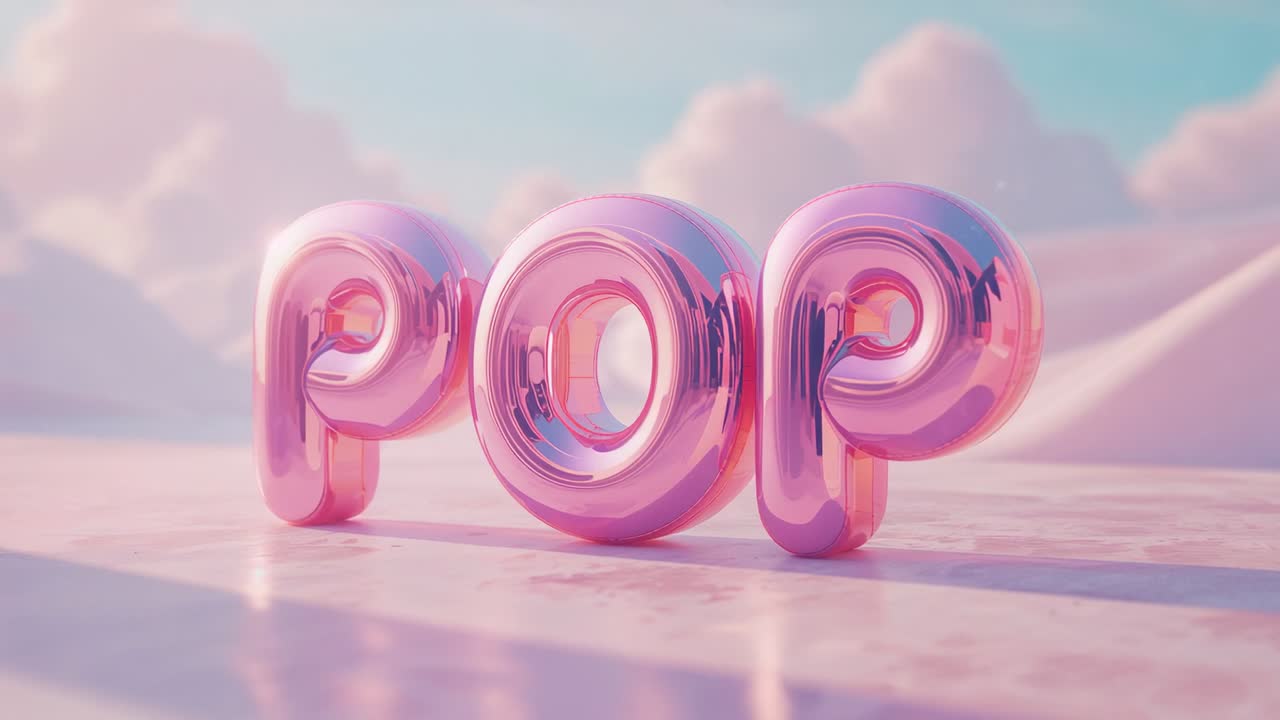 Shimmering 3D pink POP letters on marble, reflecting pastel hills with lighting shifting