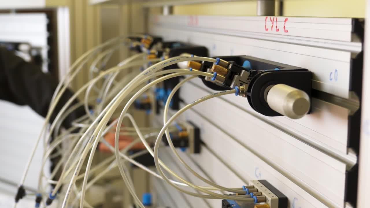 fotografía de cerca en cámara lenta de un ingeniero activando un ensamblaje de bomba hidráulica en un taller universitario en stornoway en la isla de lewis, parte de las hébridas exteriores de escocia