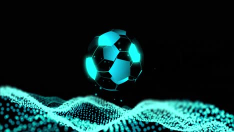 Animation-Des-Digitalen-Fußballs-über-Blauen-Flecken-Auf-Schwarzem-Hintergrund