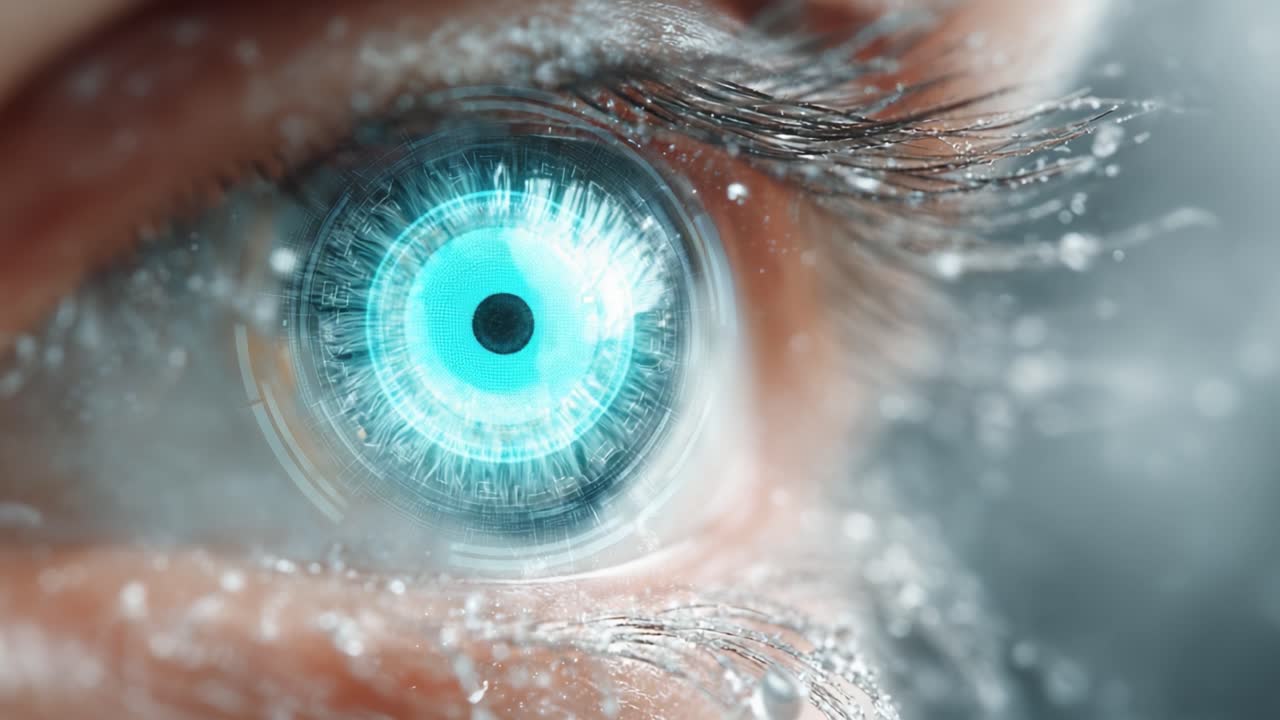 Un Incredibile Primo Piano di un Occhio che Passa da uno Stato Naturale a un Aspetto Futuristico e Luminescente con Dettagli Sorprendenti di Goccioline d'Acqua e Texture.