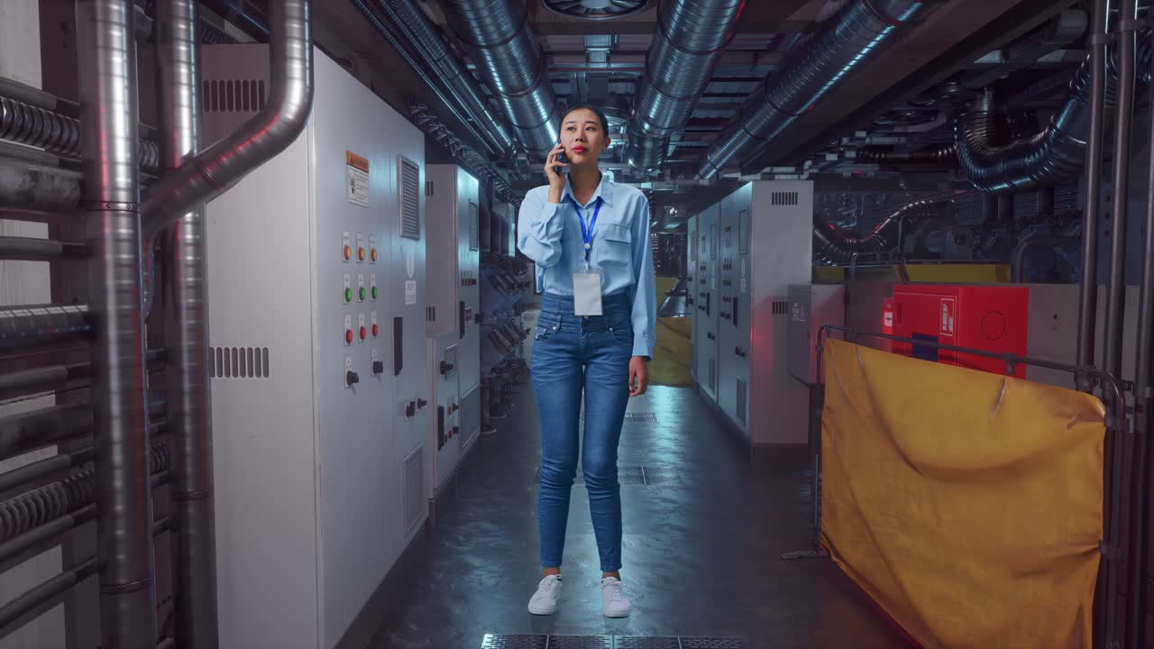Full Body Of An Asian Female Professional Worker Standing In Engine Control Room, She Is Speaking With Someone In The Phone