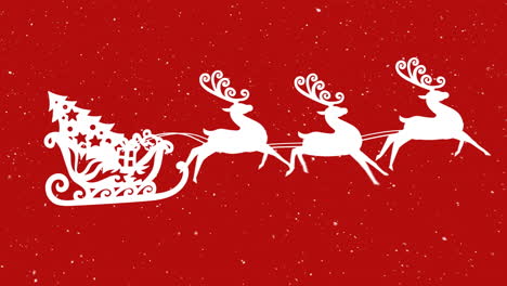 snow falling over christmas tree in sleigh being pulled by reindeers against red background