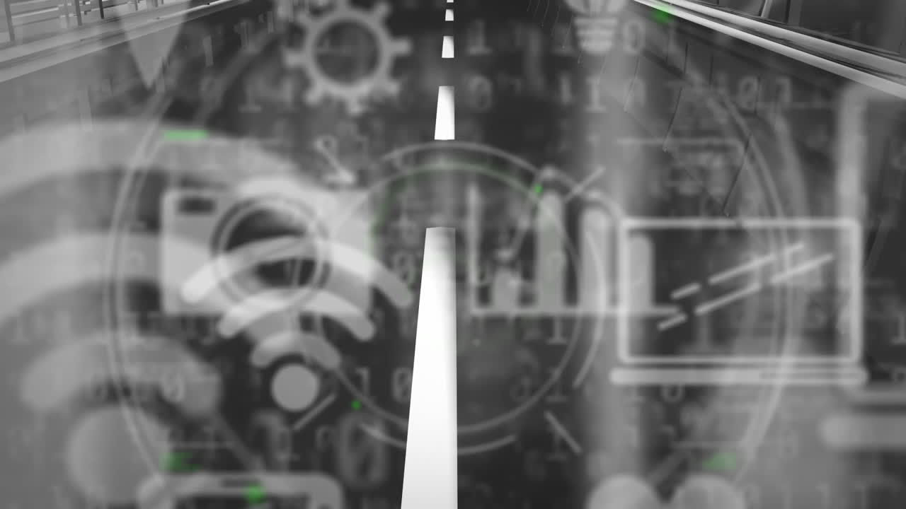 도로 위에 떠다니는 디지털 아이콘의 애니메이션