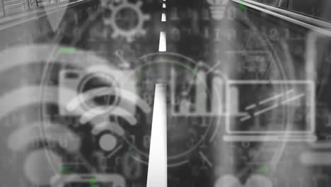animación de iconos digitales flotando sobre la carretera