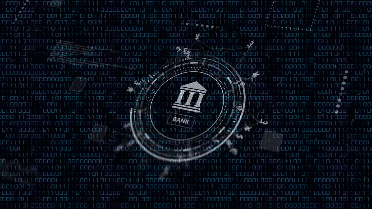 Animation of bank sign and financial data processing over black background