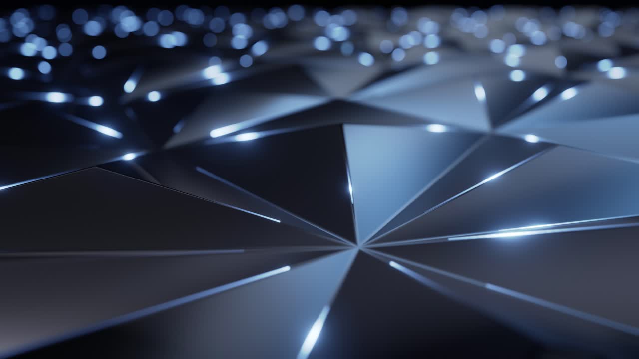3d Abstract triangles spin background, close up camera view, blue light trail sweep, metal material, 4k resolution