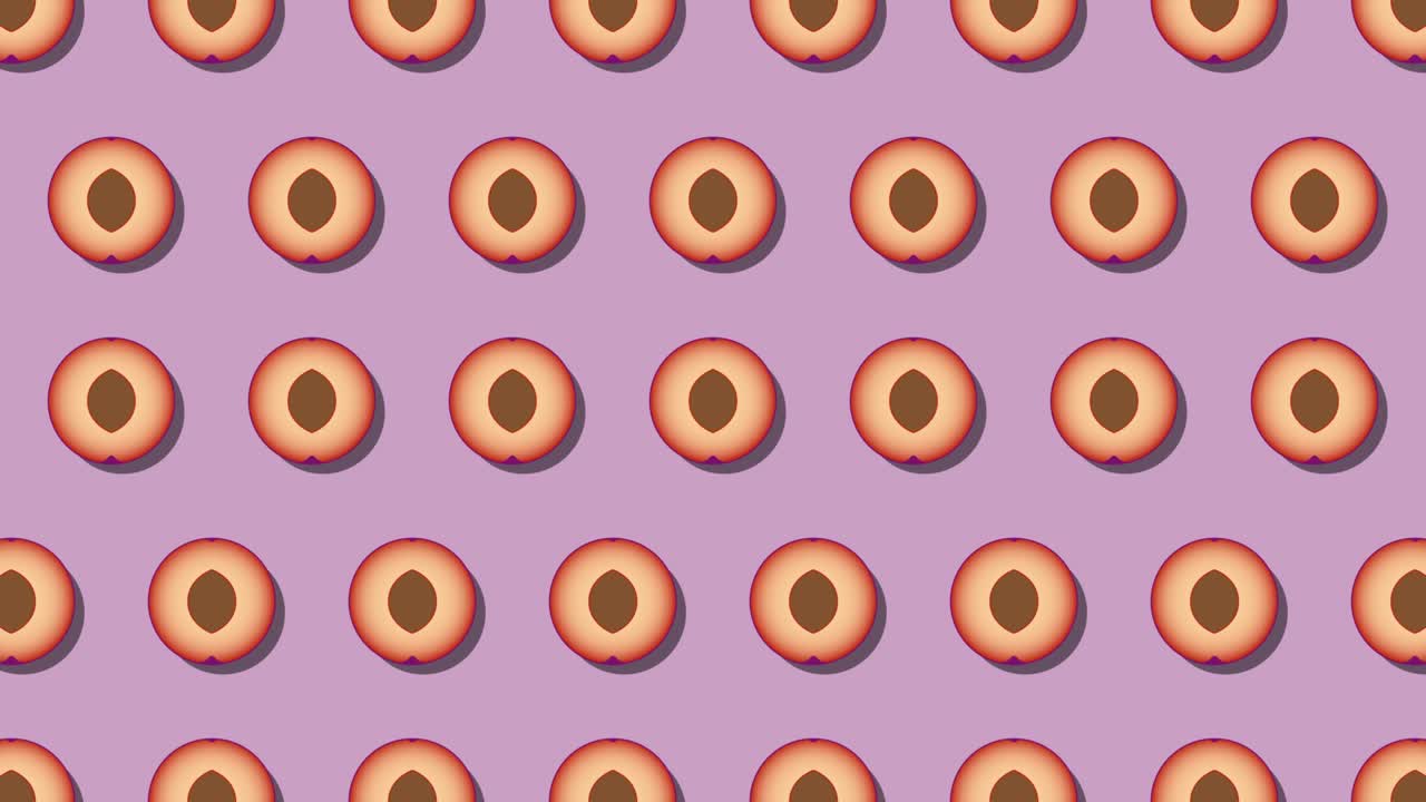 Pattern of animated fruit icons of Plum on a violet background. Seamless loop food animation with simple stylish repeated elements