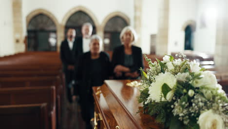 funeral, church and people with coffin