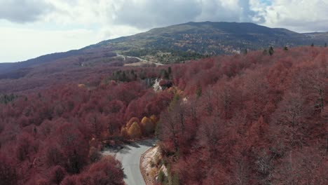 drone video ascending fly over winding road autumn forest colors kaimaktsalan