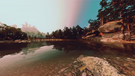 a tranquil lake in a lush forest, surrounded by trees and mountains