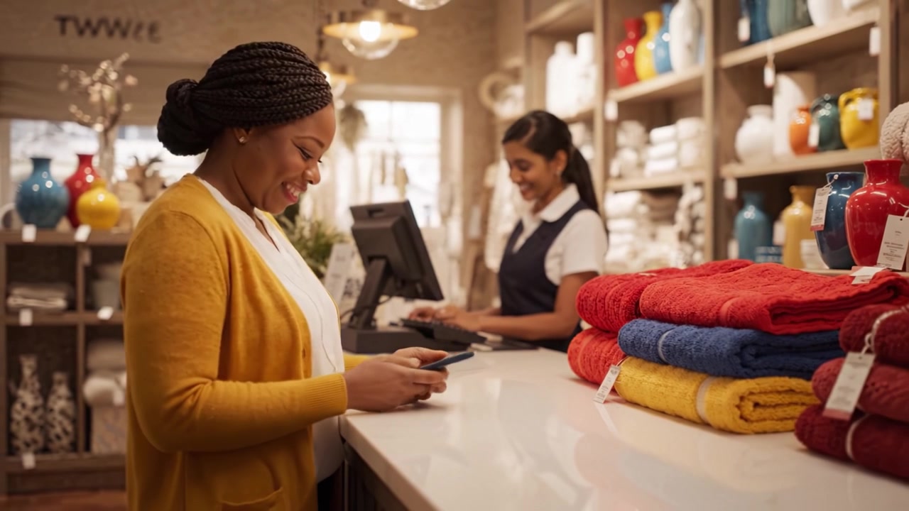 Customer Engagement in Retail: A Shopper Uses a Smartphone at a Store While an Employee Assists Nearby Amidst Colorful Towels and Decor Items