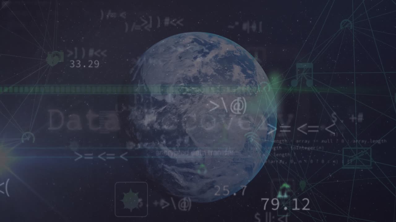 데이터 복구 텍스트 배너, 변하는 기호 및 디지털 아이콘의 애니메이션