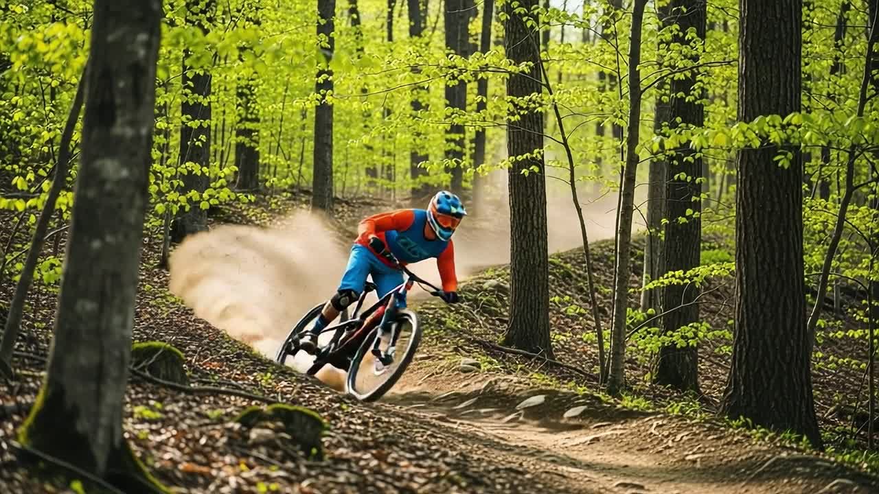 A Mountain Biker Navigates a Dusty Trail Through Vibrant Green Forests, Showcasing Skillful Maneuvers and the Beauty of Nature in Motion