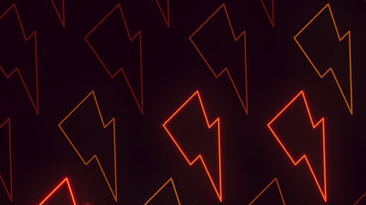 Motivo luminoso ed energico di fulmini al neon su sfondo nero