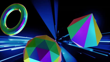 animating colorful geometric shapes over dynamic blue light streaks