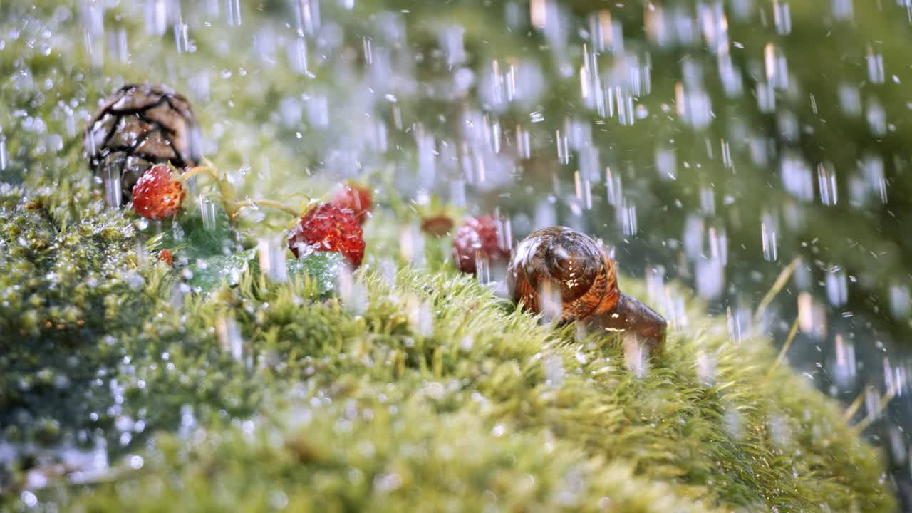 비가 오는 동안 모스 위에 있는 달이