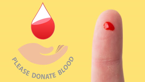 animación de por favor donar sangre texto y logotipo, y dedo con gota de sangre, en amarillo