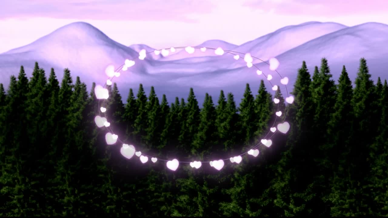 Animation of fairy light frame with copy space over fir trees and winter scenery