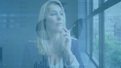 animation of financial data processing over caucasian businesswoman in office