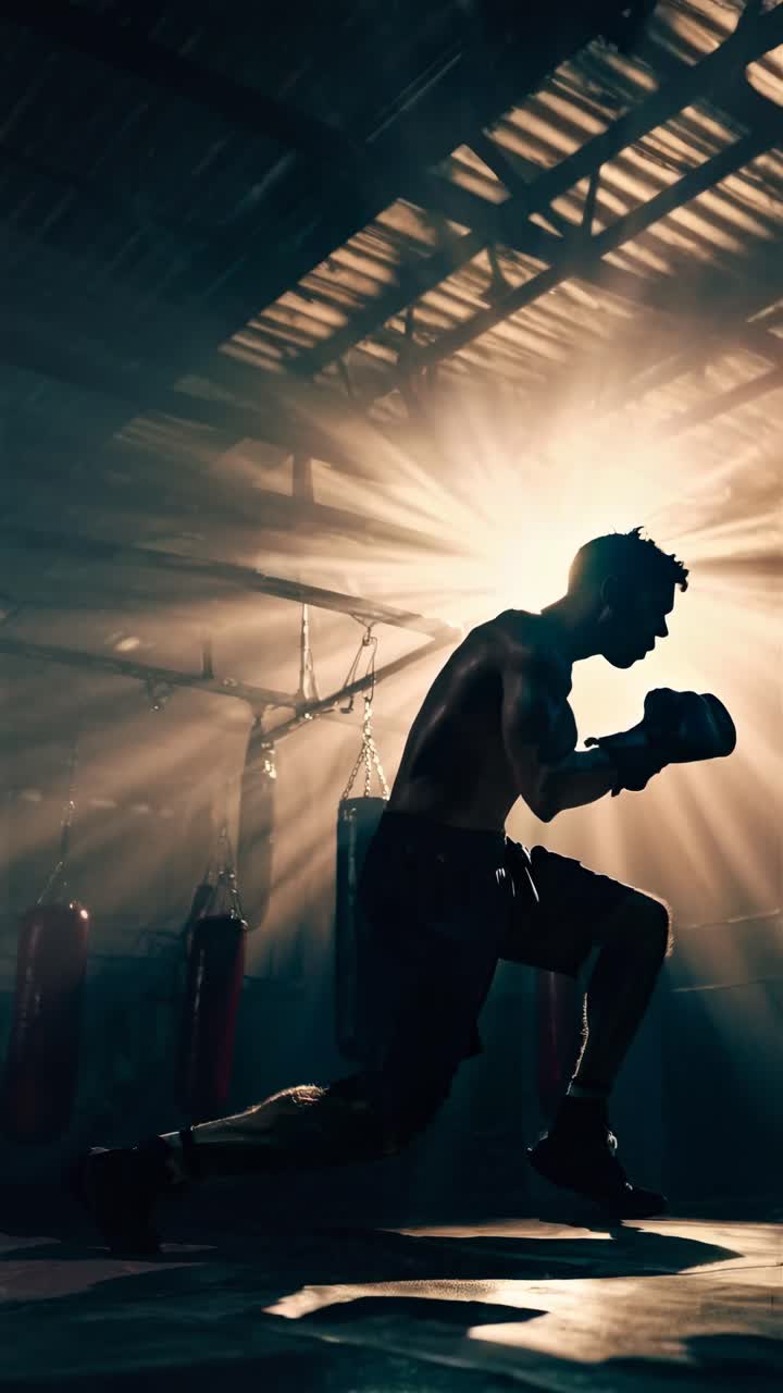 Silhouetted boxer training in a gym, backlit by dramatic sunlight