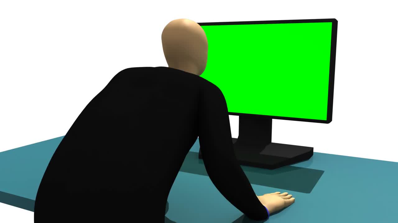 초록색 데스크 ⁇  앞에 앉아 있는 3dman을 나타내는 컴퓨터 애니메이션