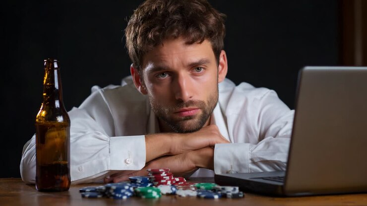 Un uomo pensieroso con un'espressione seria è seduto a un tavolo cosparso di colorate fiches da poker, con una bottiglia di birra lì vicino e un laptop aperto, che mostra la tensione e l'attesa del gioco d'azzardo online