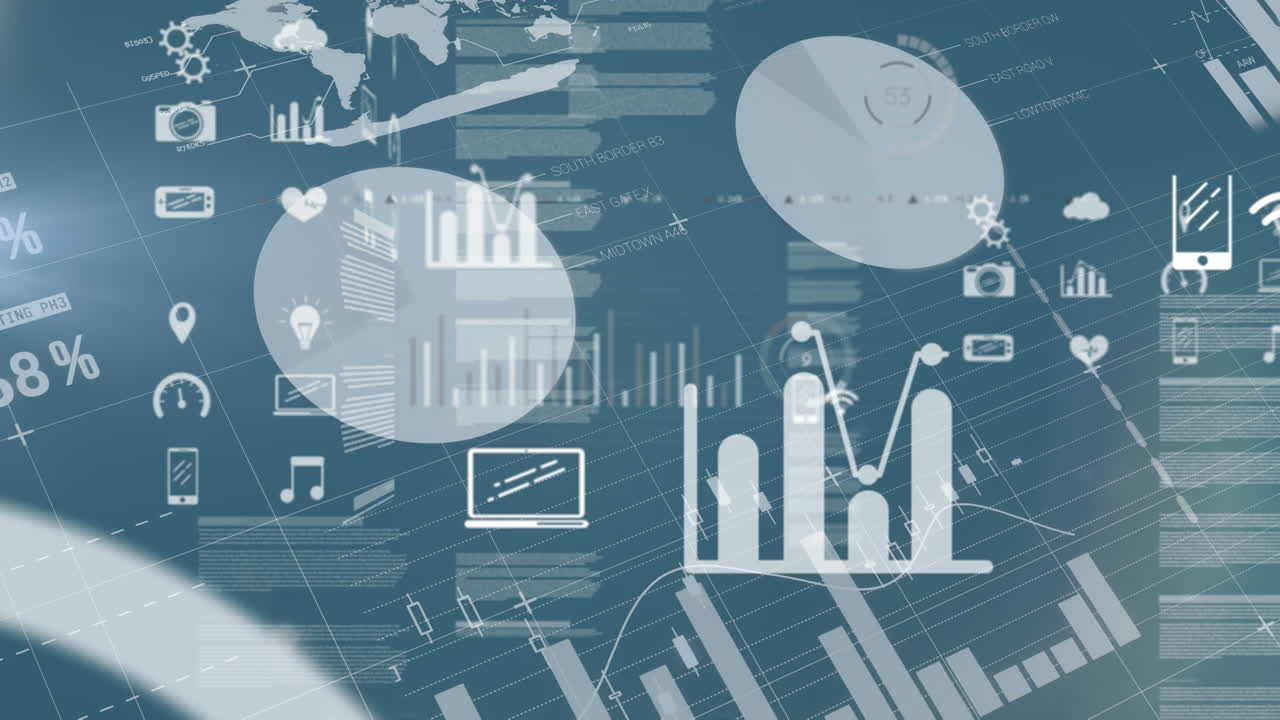 Animation of arrows falling down, changing financial data and graphs over green background