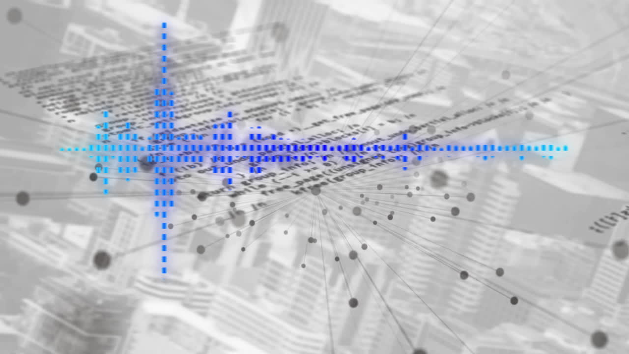 현대 도시 풍경을 배경으로 컴퓨터 언어를 통해 음파의 애니메이션