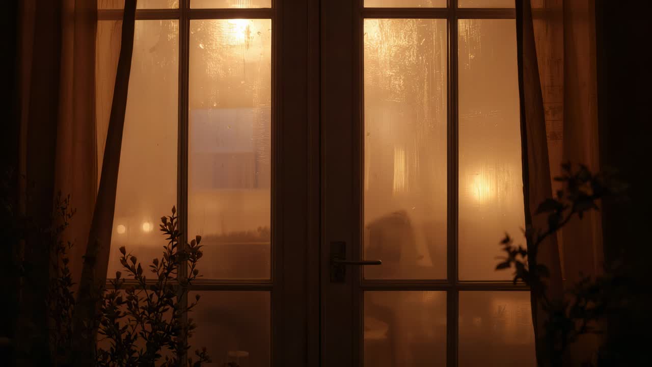 Opening right glass door at patio handle turning clearing steam showing table seats plants to enter