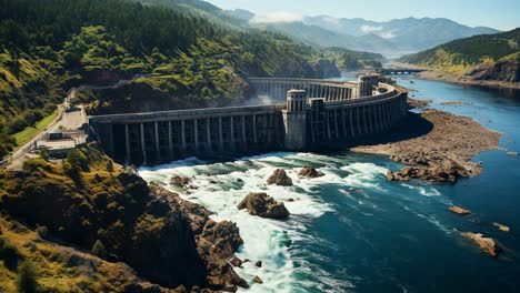 dramatic aerial view of a dam surrounded by mountains and flowing water