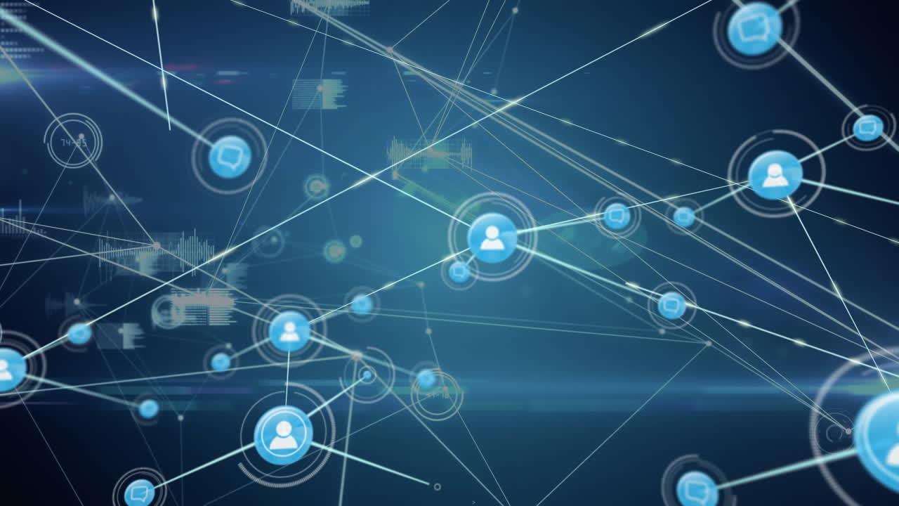 animación de iconos conectados con líneas sobre ondas sonoras y gráficos contra fondo azul.