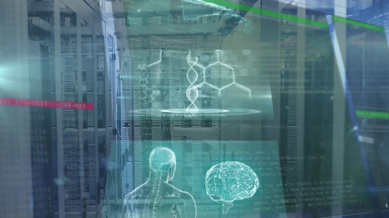 animación del procesamiento de datos médicos a través de servidores informáticos
